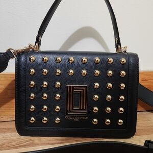 Karl Lagerfeld Simone Flap Black and Gold Studded Leather Crossbody Bag NWT